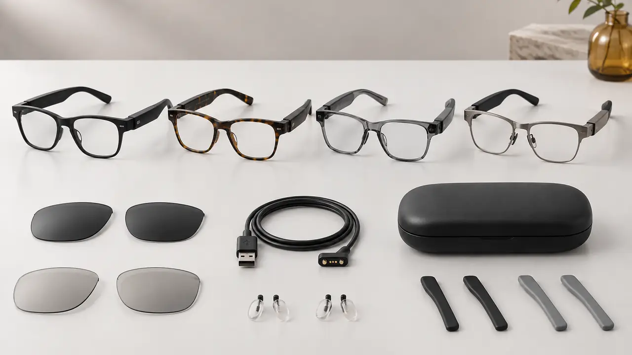 Smart glasses accessories laid out: spare polarized lenses, magnetic pogo charging cable, charging case and nose pads