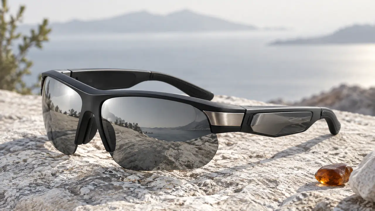 Sports smart glasses with a wrap PC front and polarized lens beside spare nose pads and temple grips