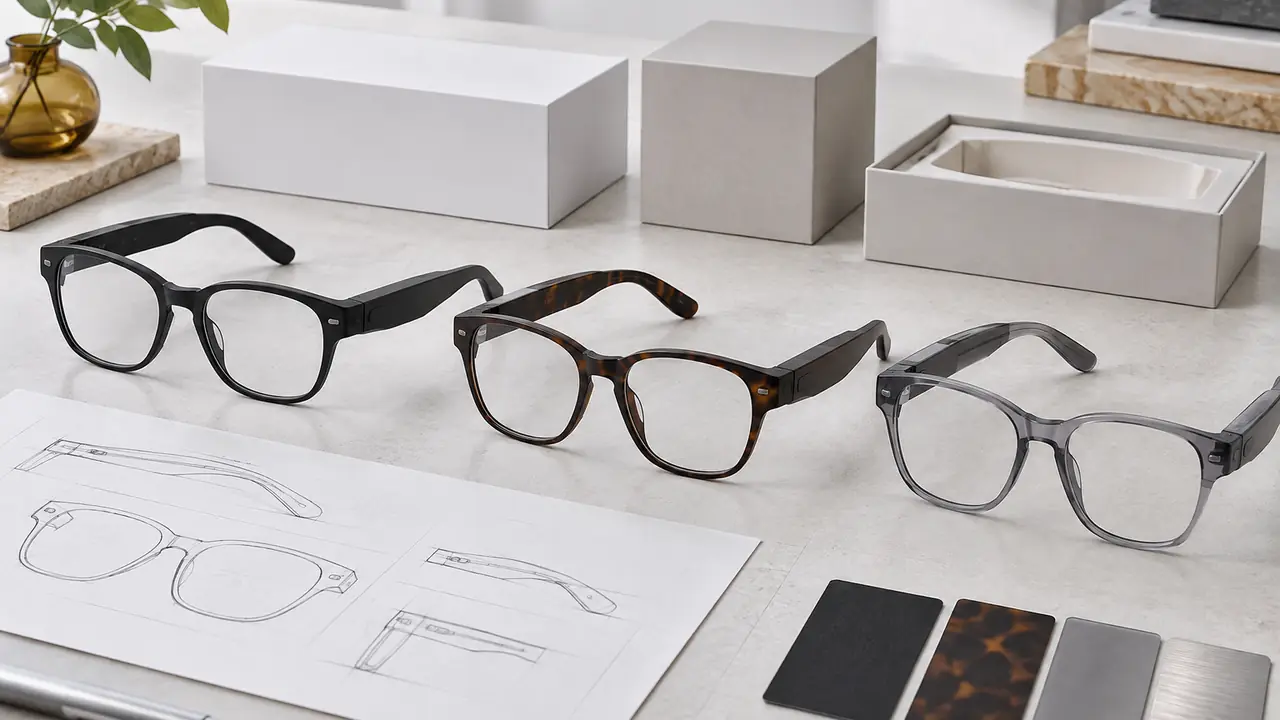 Smart glasses OEM for brand owners: custom acetate fronts, temple modules and tooling drawings on a desk