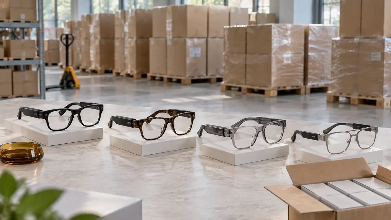 Smart glasses for distributors: a tiered row of audio, AI and sports frames with spare hinges and lenses
