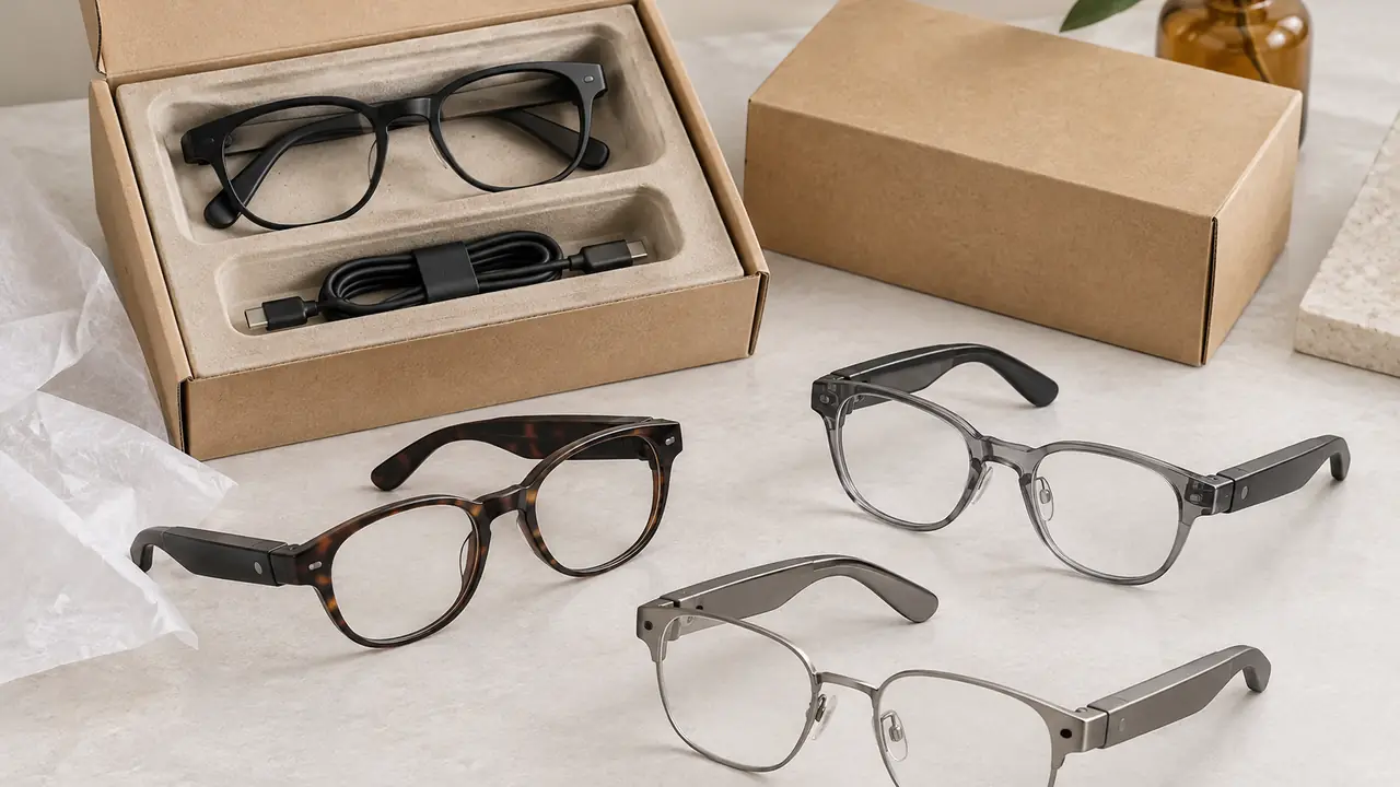 Smart glasses for DTC brands: colour variants of audio frames beside branded retail boxes and inserts