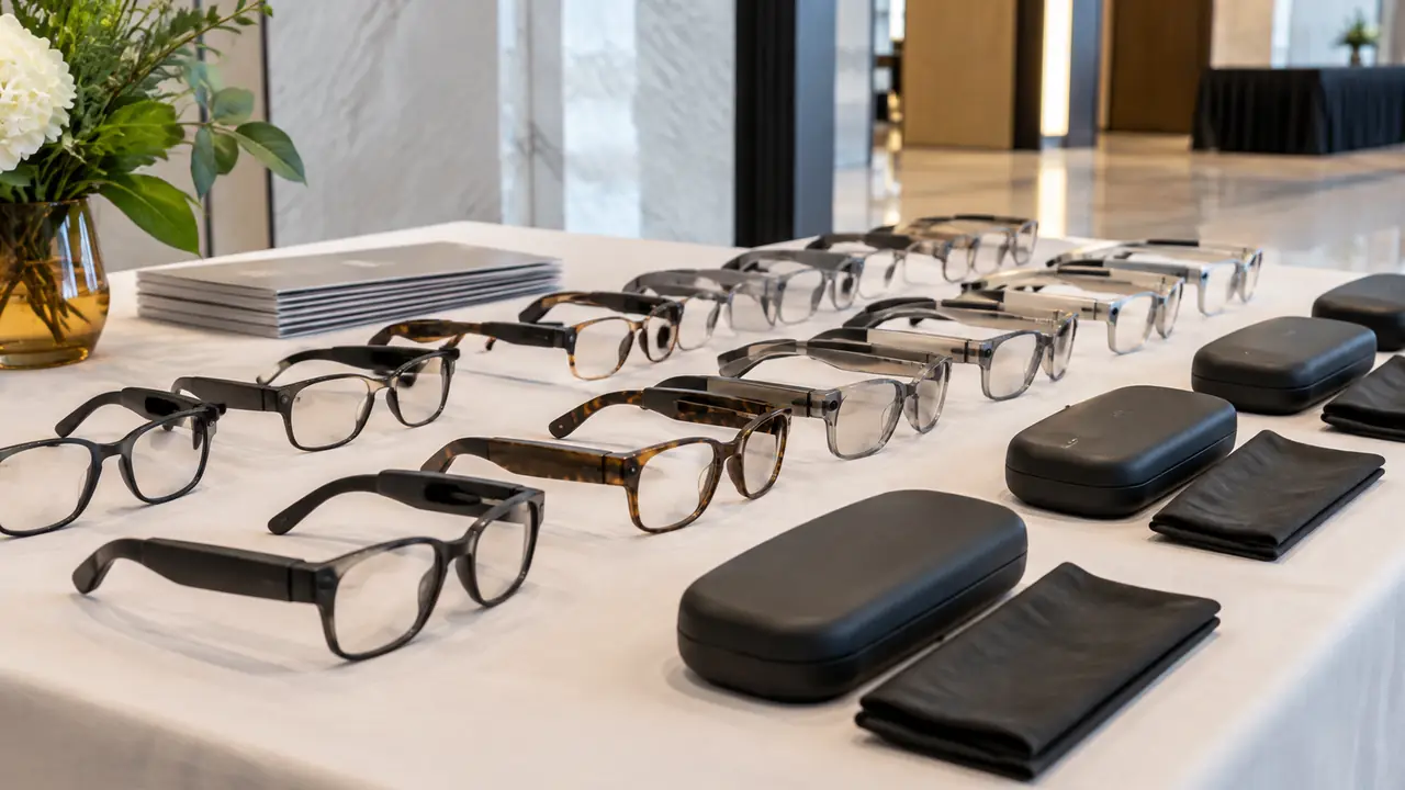 Illustration of enterprise smart glasses fleet: charging rack, labelled cases and translation glasses for a tour group