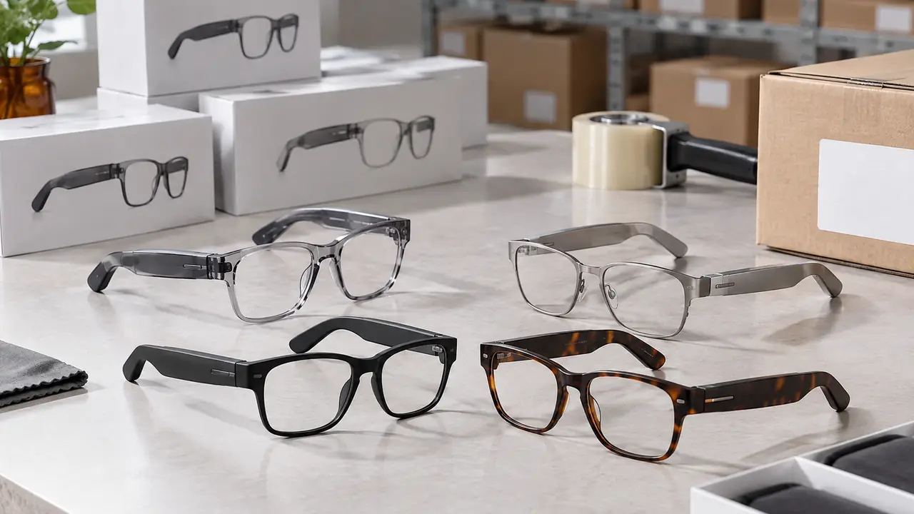 Smart glasses for marketplace sellers: cartons with lithium battery marks, FCC label and audio frames on a packing table