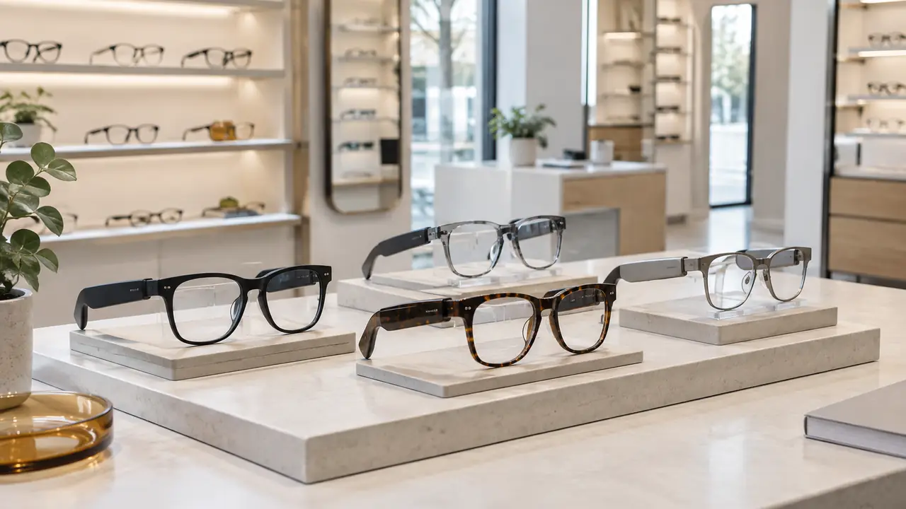 Illustration of a smart glasses retail display with a try-on stand, security tethers and barcoded retail boxes