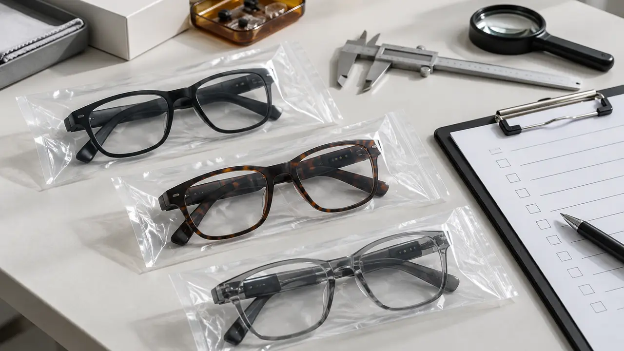 Smart glasses sourcing agents at an inspection table with audit checklists, sample frames and test reports