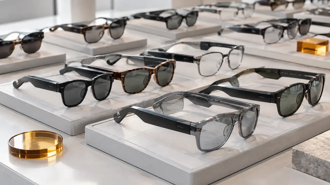 Wholesale smart glasses: mixed cartons of Bluetooth audio frames and accessories stacked with carton labels